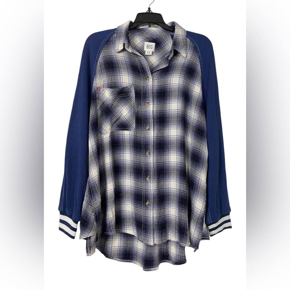 Urban Outfitters BDG Keanu Varsity Flannel Shirt Blue Plaid Size Medium